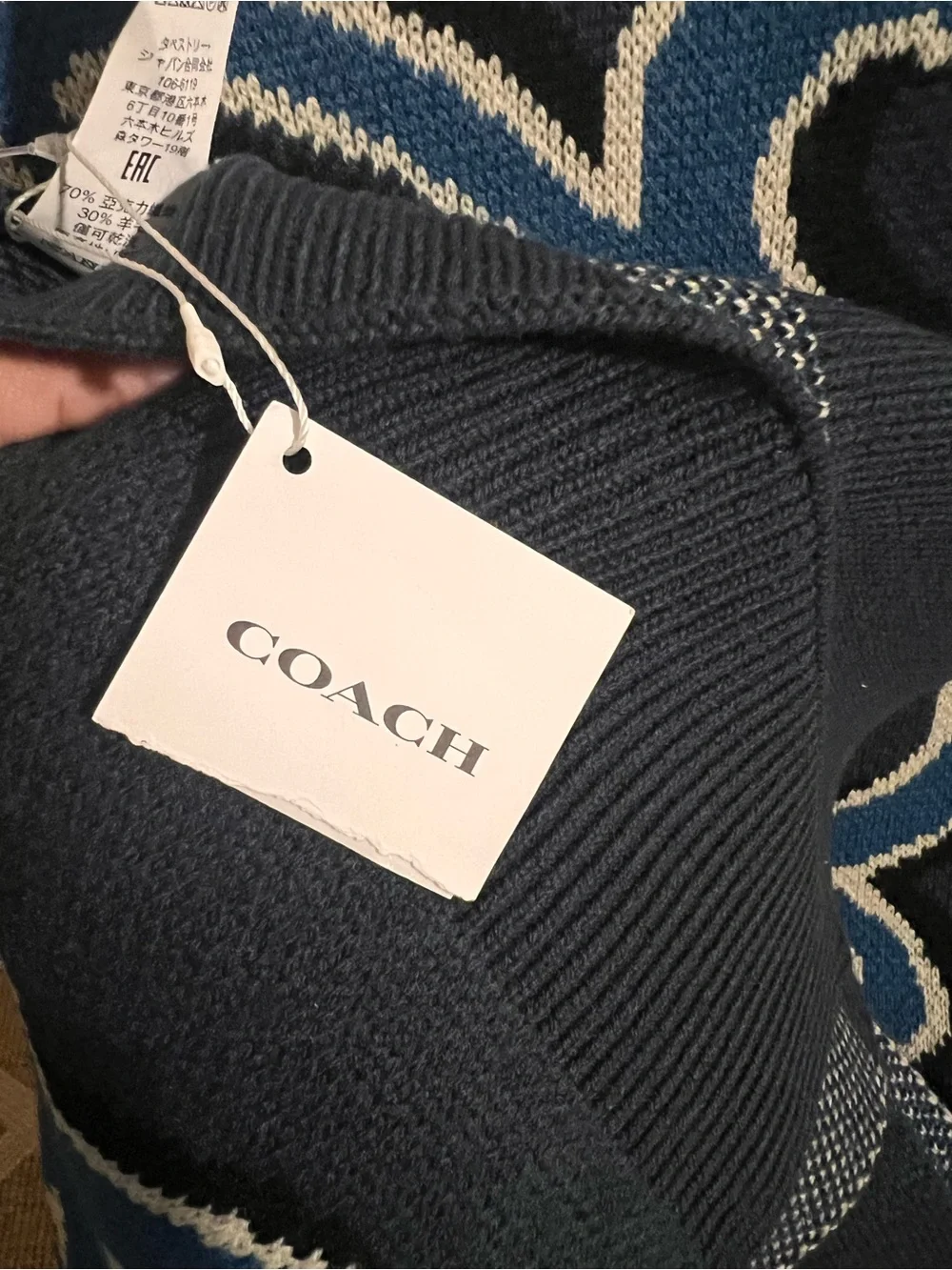 Coach Men’s Navy Blue Knit Scarf with Light Blue Script